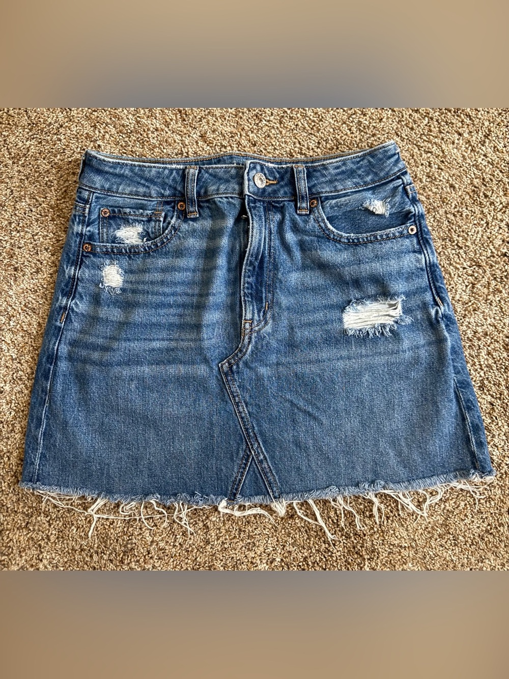 American Eagle Super High Rise A-Line Denim Mini Skirt Distressed Size 6